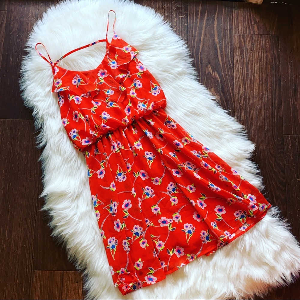 Lush red floral sleeveless summer lined dress